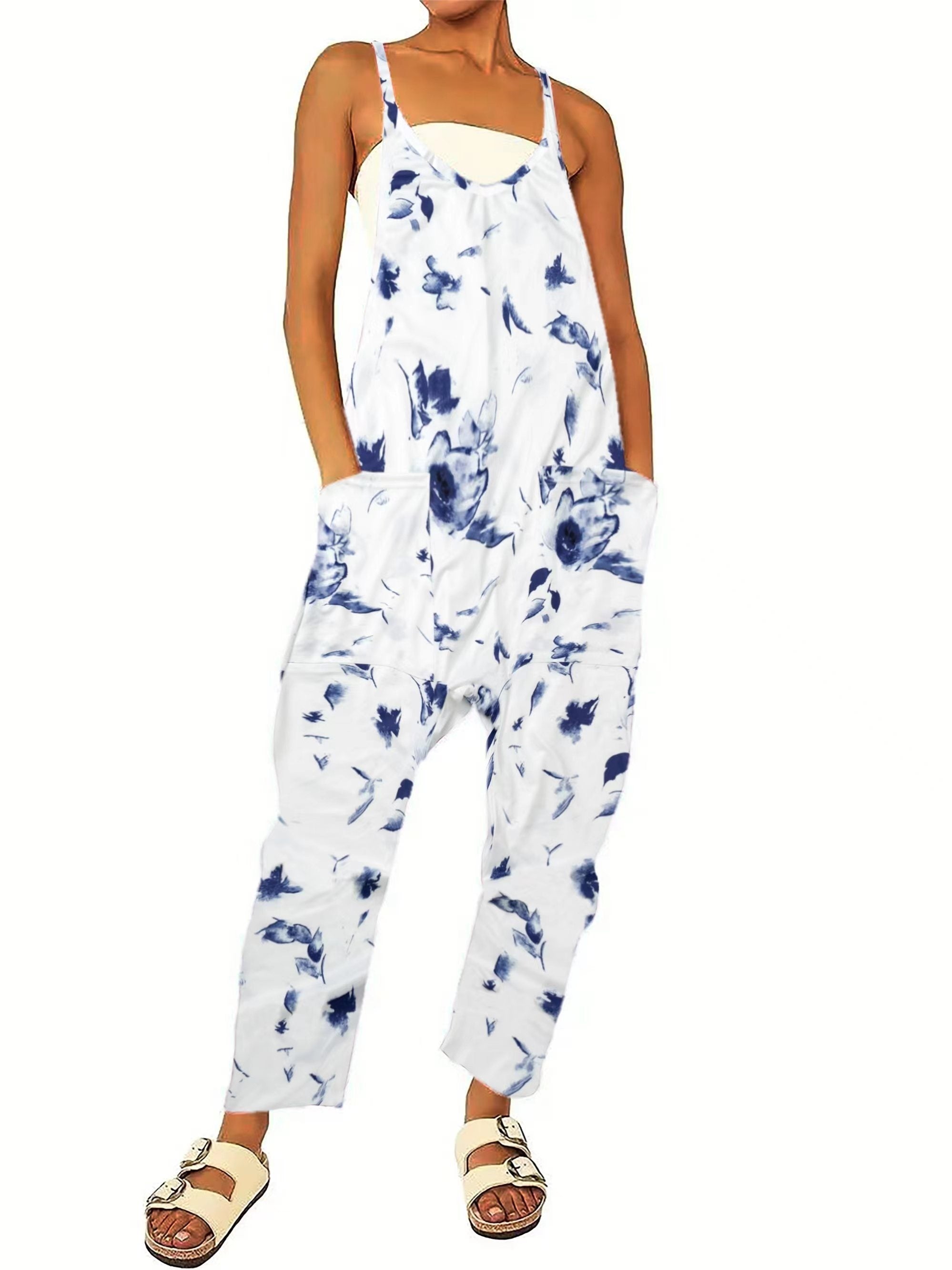 Floral Print Cami Overall Jumpsuit Boho Pocket Overall Jumpsuit