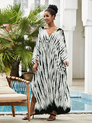  Boho Dress Tie Dye Batwing Sleeve V Neck Cover Up Dress