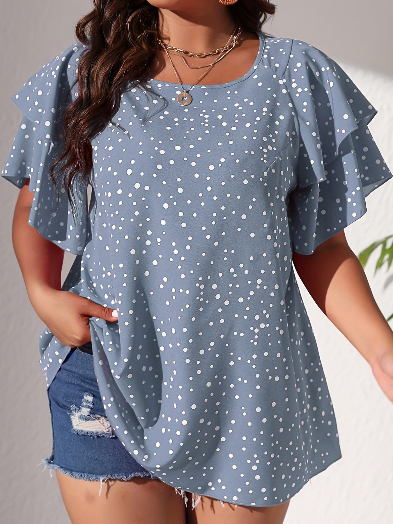  Polka Dot Layered Sleeve Blouse