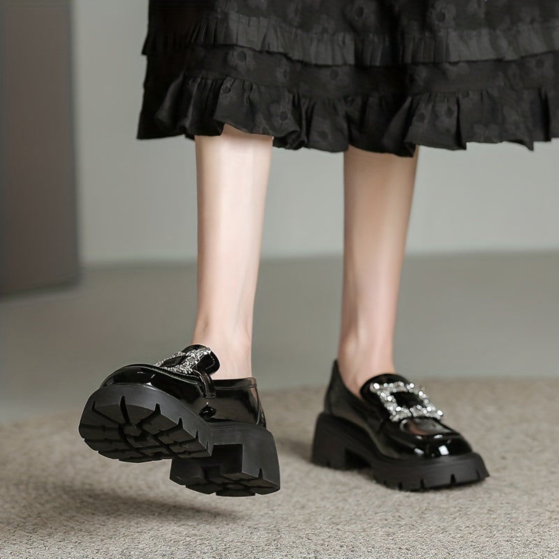 Chunky Heel Loafers Rhinestone Slip On Platform Shoes