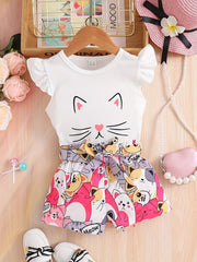 Girls Cat Graphic Top & Belted Shorts Set Kids Summer Clothes