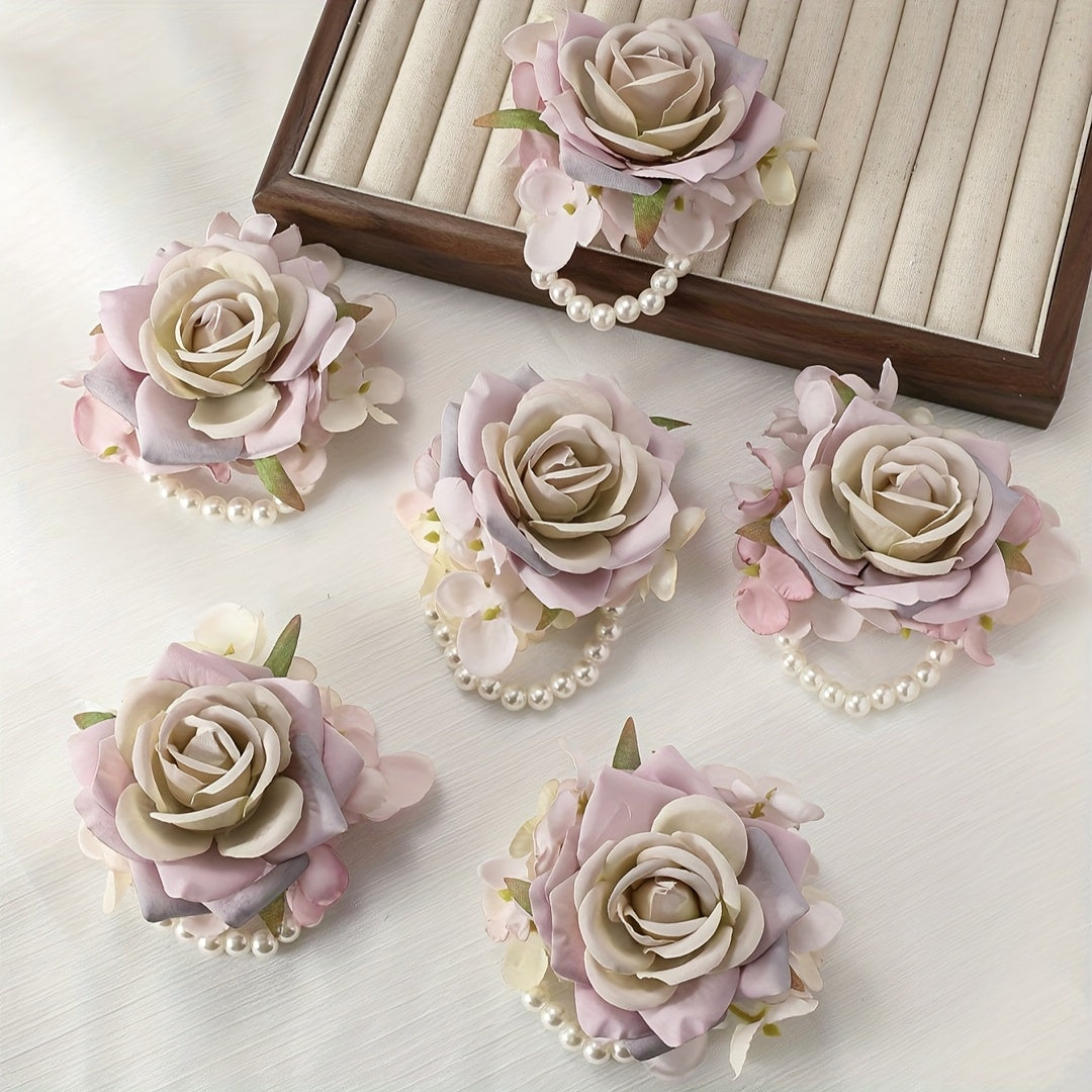 6pcs Rose & Faux Wrist Corsages for Bridal Party