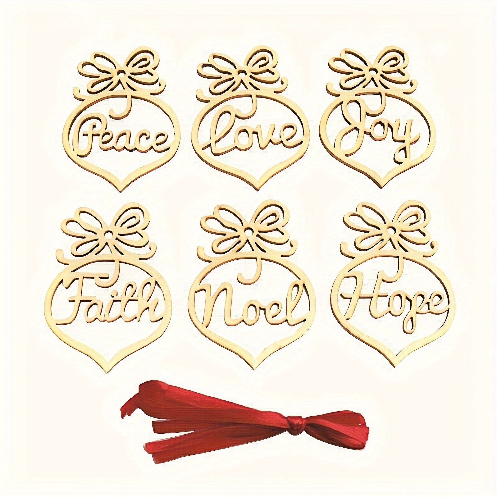 6pc Christmas Tree Wood Ornaments Set Hollow Cut Festive Decor Peace Faith Joy