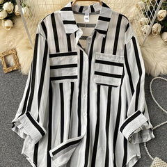  Stripe Print Long Sleeve Blouse