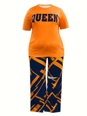  Casual Queen Print Top & Ripped Pants Set
