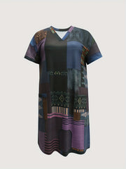  Colorblock V Neck Short Sleeve Dress With Pockets