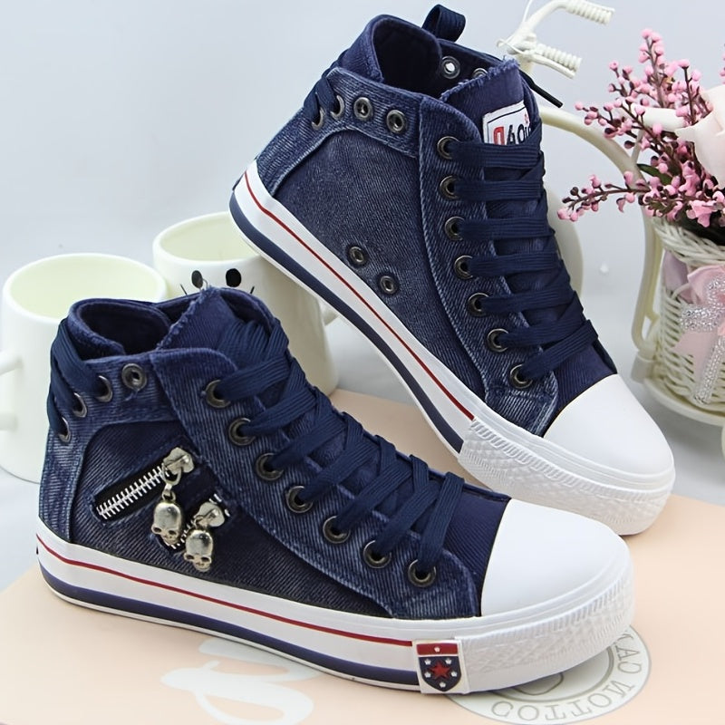 Skull Zipper High Top Canvas Sneakers Lace Up Skate Shoes