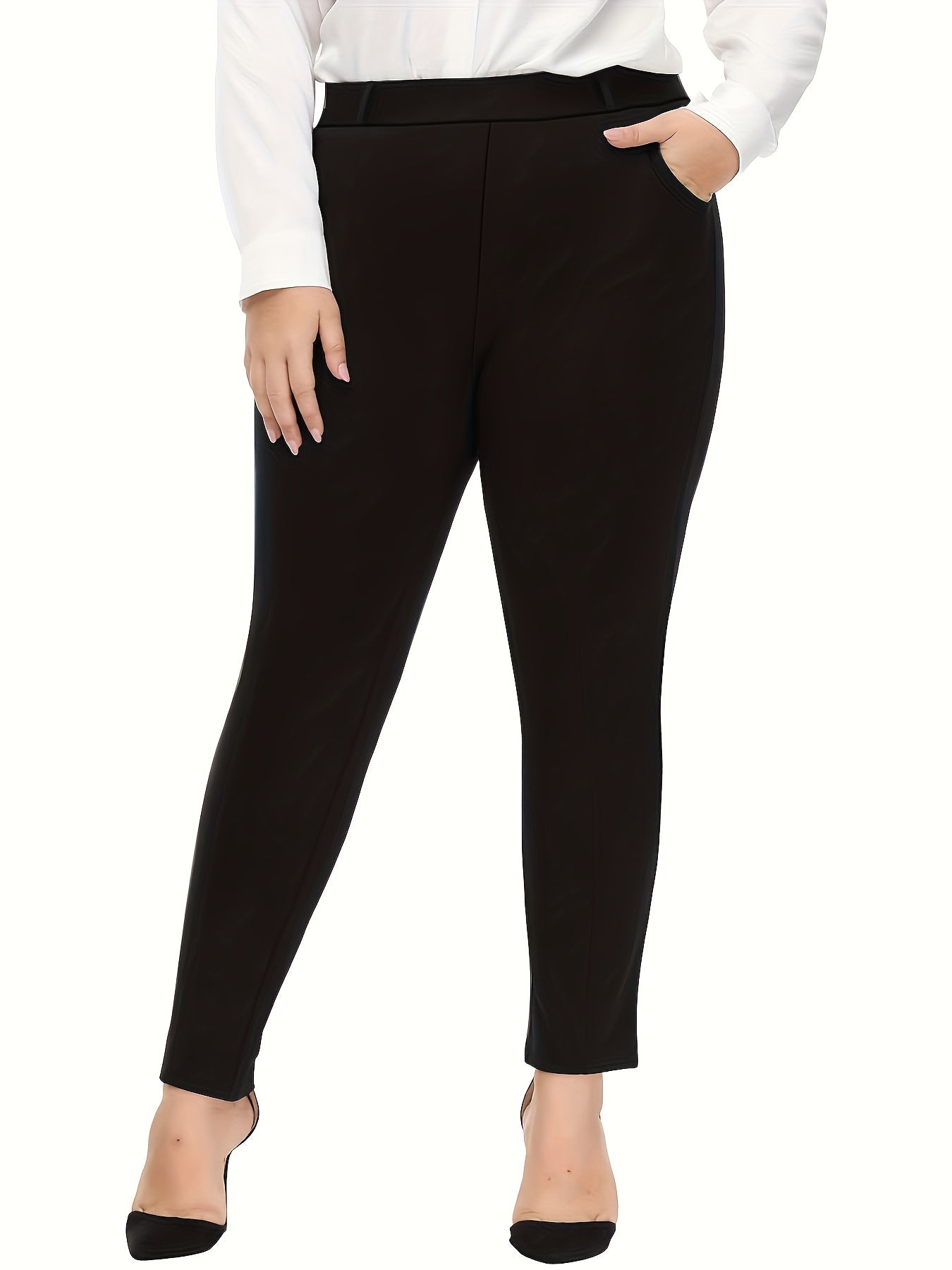 Women's Plus Solid Elastic Stretch Trousers With Pockets