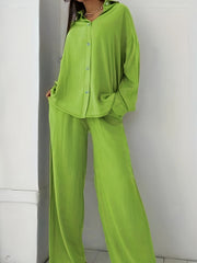 Women's Plus Solid Long Sleeve Shirt & Loose Pants 2 Piece Set
