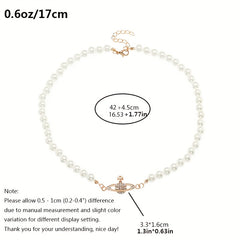 Pearl Necklace Rhinestone Planet Pendant Chain Mother's Holiday Birthday