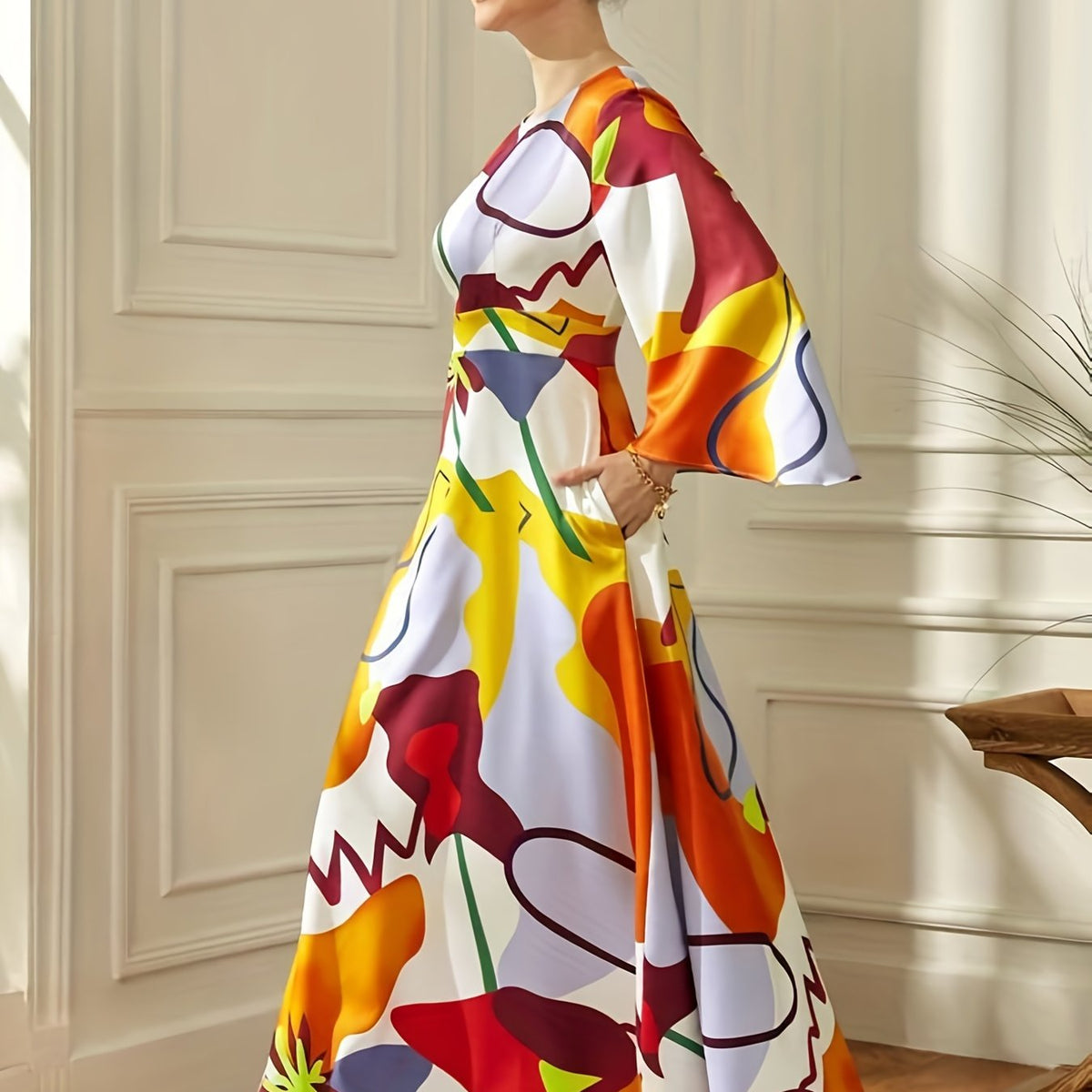  Abstract Print Maxi Dress With Pockets