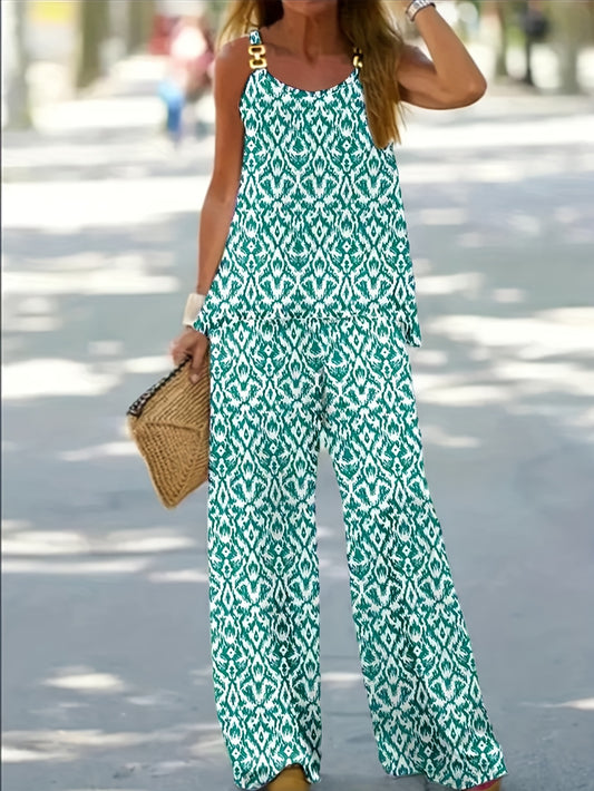 Ikat Print Boho 2pc Set Chain Linked Sleeveless Top & Wide Leg Pants