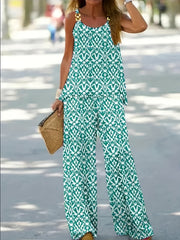 Ikat Print Boho 2pc Set Chain Linked Sleeveless Top & Wide Leg Pants