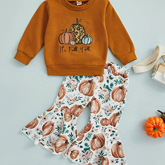 Girls Halloween Pumpkin Sweatshirt & Flared Pants Set