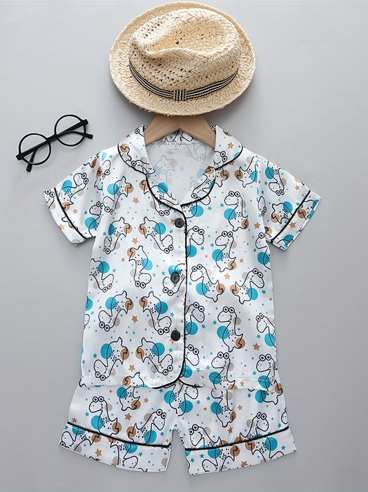 Boys Dino Print Pajamas Set Short Sleeves Bottoms Cozy Casual Homewear