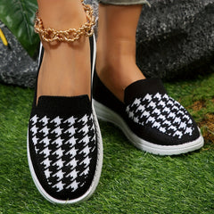 Women's Houndstooth Slip On Loafers Round Toe Non-slip Casual Shoes