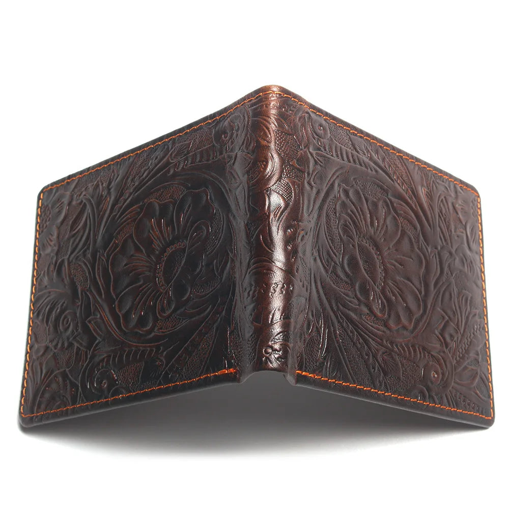 Vintage Cowhide Flower Wallet Men Leather Money Bag