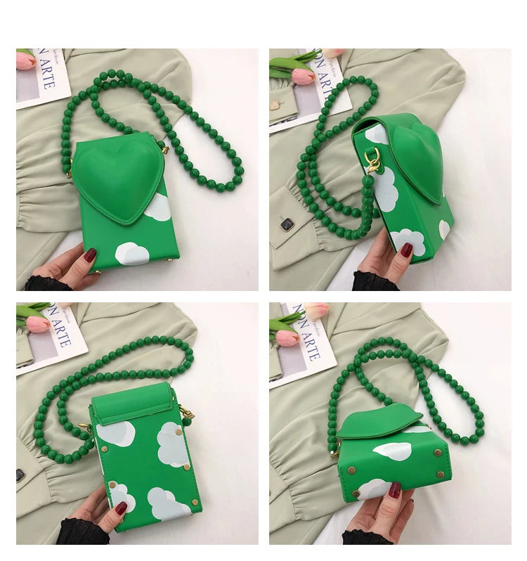 Heart Box Purses Beaded Chain Shoulder Bag