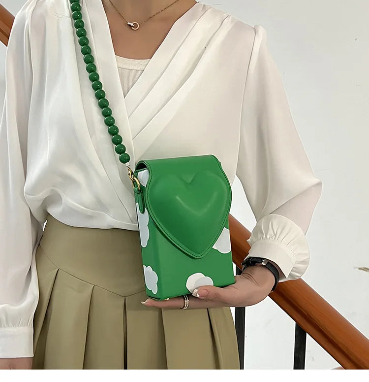 Heart Box Purses Beaded Chain Shoulder Bag