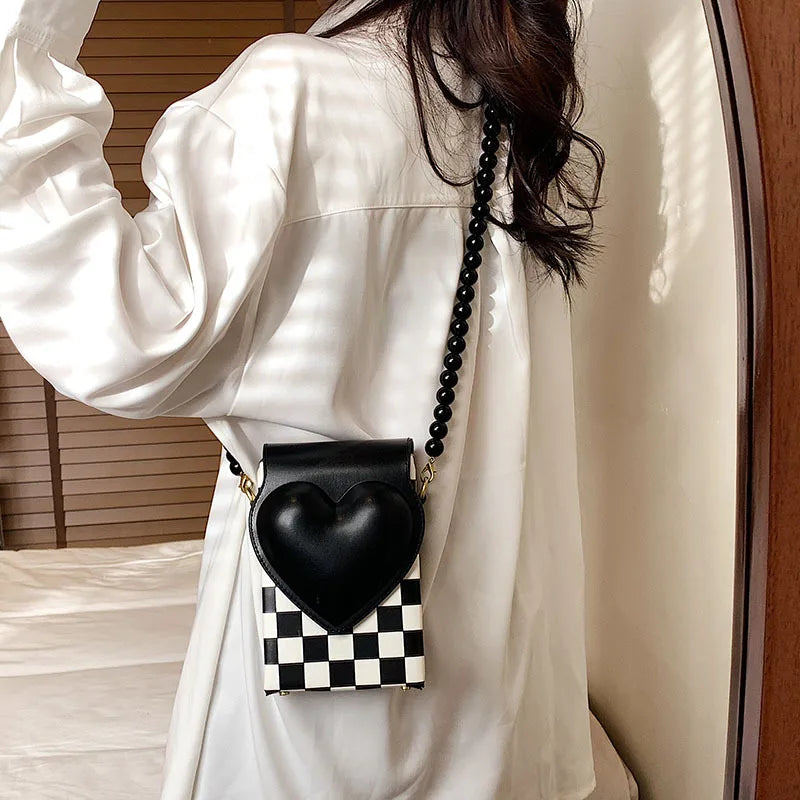 Heart Shaped Beaded Chain Purse Polka Dot Crossbody Bag