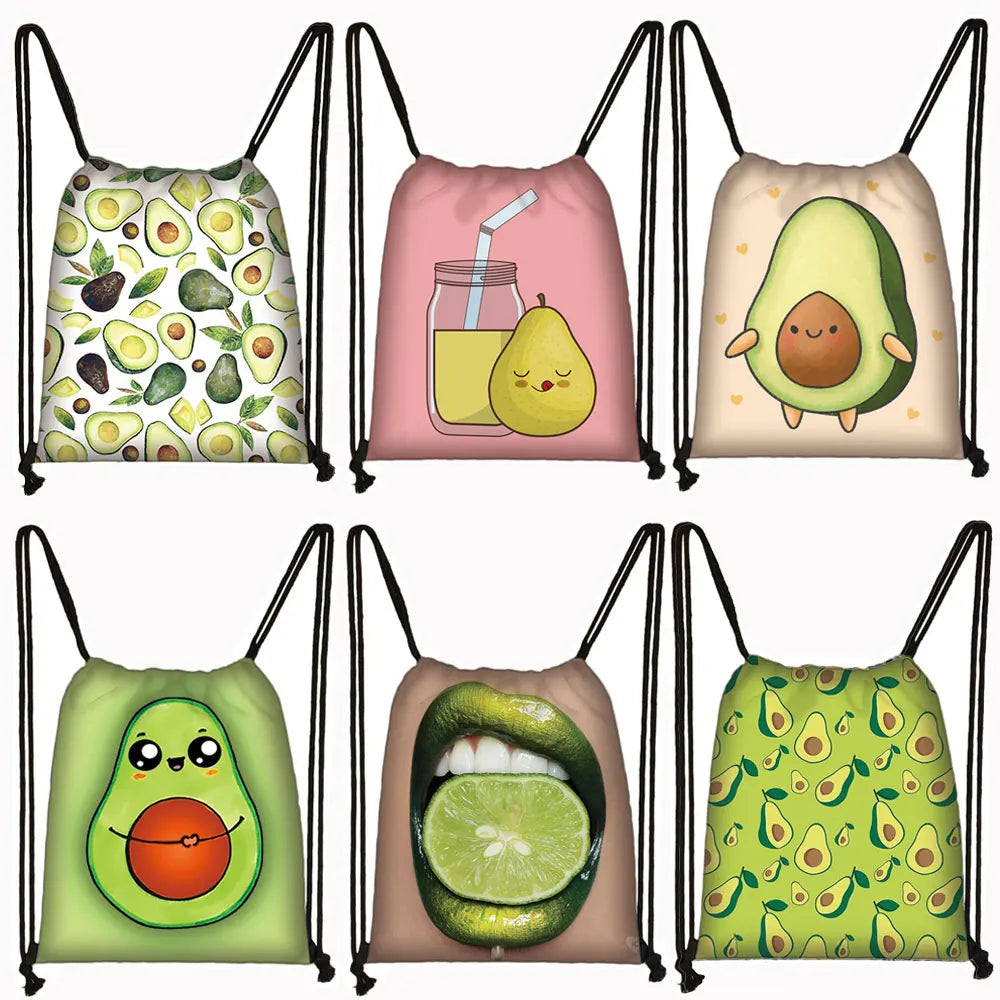 3D Lemon Avocado Pattern Backpack Women Drawstring Bags Ladies Storage Bag