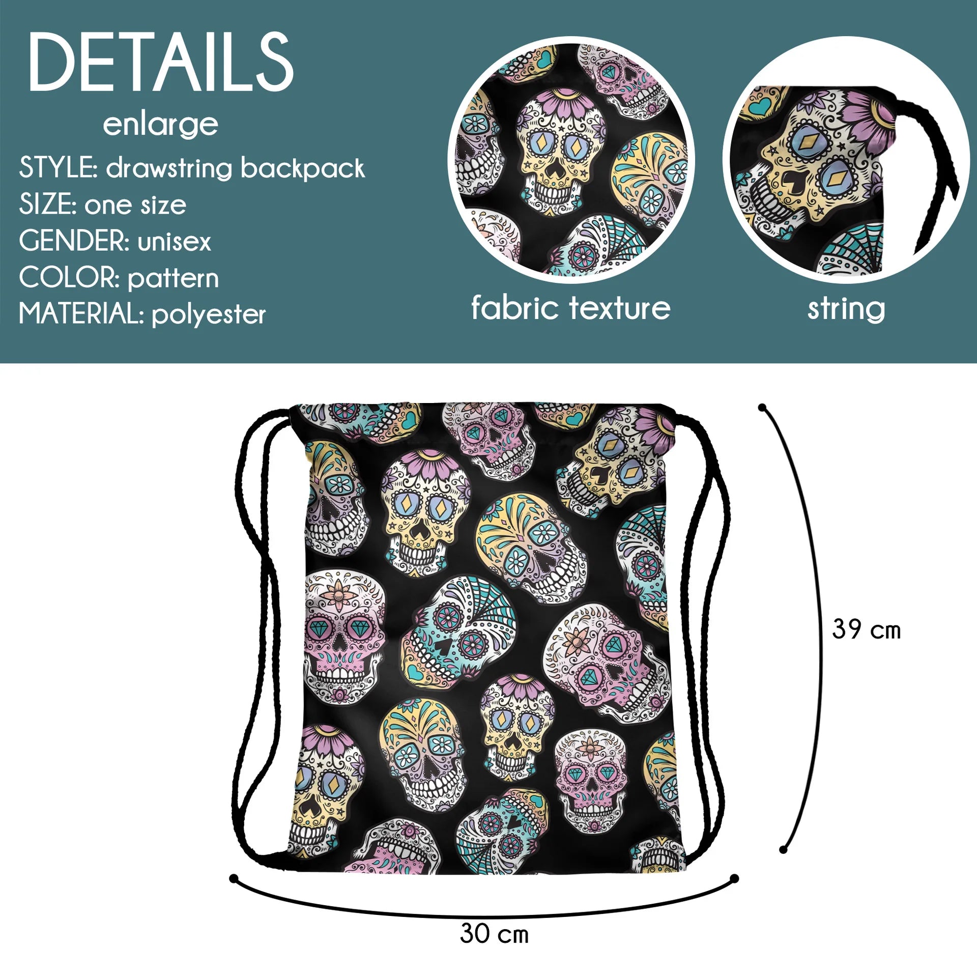 Canvas Draw String Bag Skull Octopus Pattern Harajuku Gothic Backpack