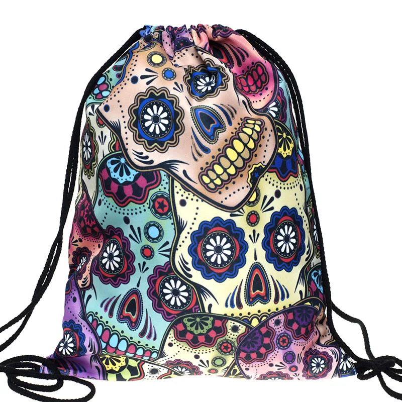 Canvas Draw String Bag Skull Octopus Pattern Harajuku Gothic Backpack