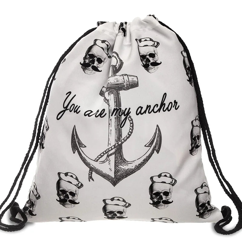 Canvas Draw String Bag Skull Octopus Pattern Harajuku Gothic Backpack