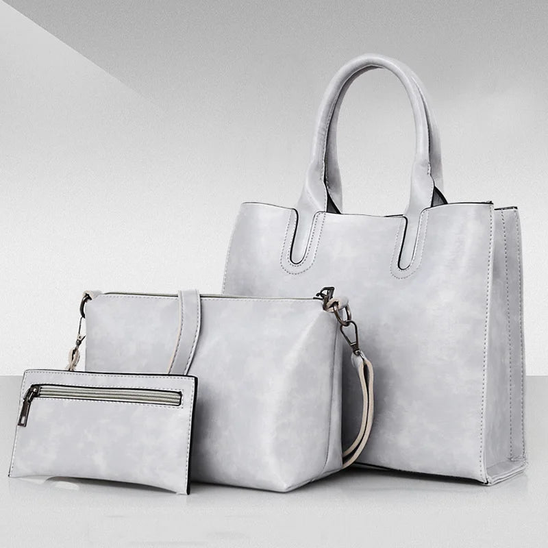 3PCS Women's Bag Set Oil Wax PU Leather Handbag Shoulder Bag Wallet