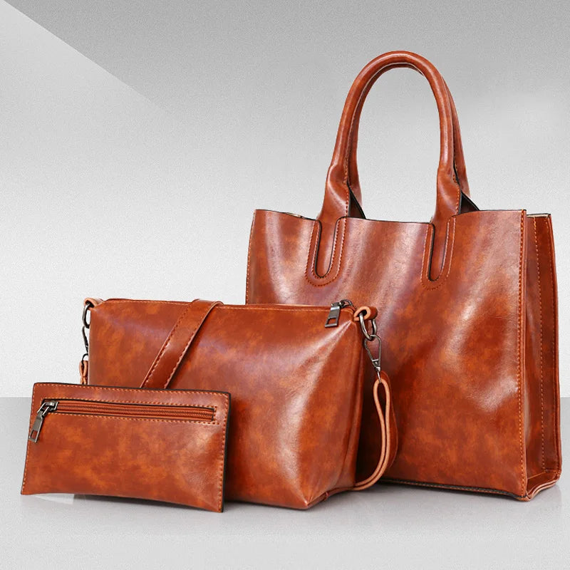3PCS Women's Bag Set Oil Wax PU Leather Handbag Shoulder Bag Wallet