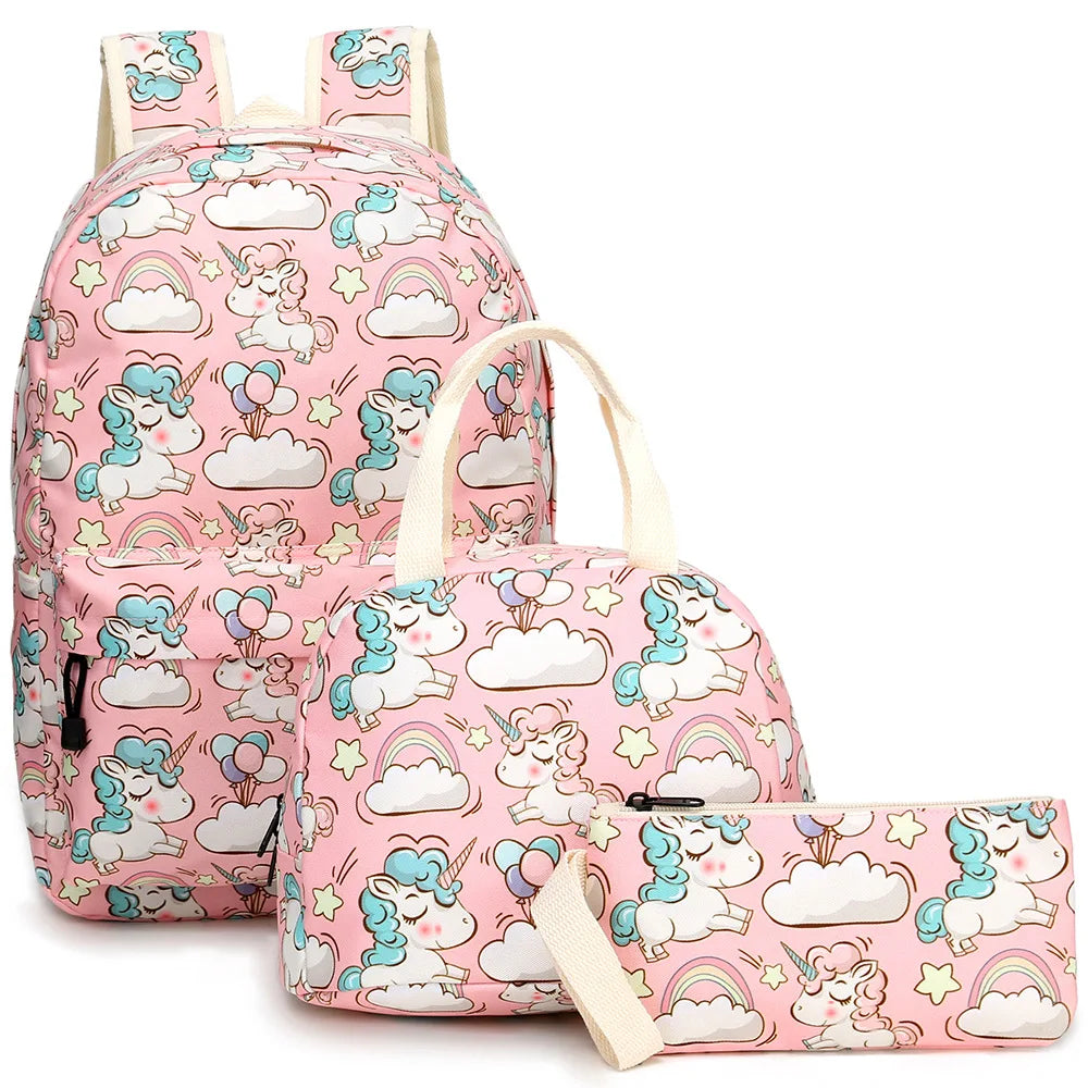 3Pcs Girls School Backpacks Unicorn Bookbags Set Lightweight Kids Travel Bag