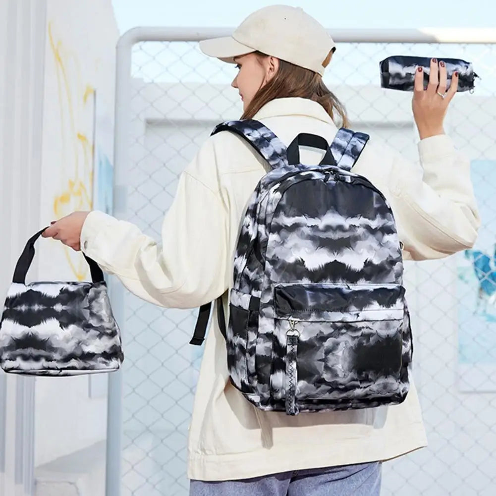 3Pcs Student Backpack Ink Print Charging Port Zipper Backpack