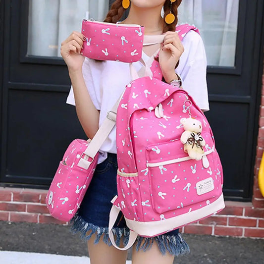 3Pcs/Set Rabbit Print Student Backpack, Adjustable Strap, Large Capacity Bookbag
