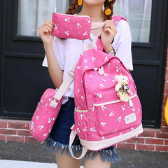 3Pcs/Set Rabbit Print Student Backpack, Adjustable Strap, Large Capacity Bookbag