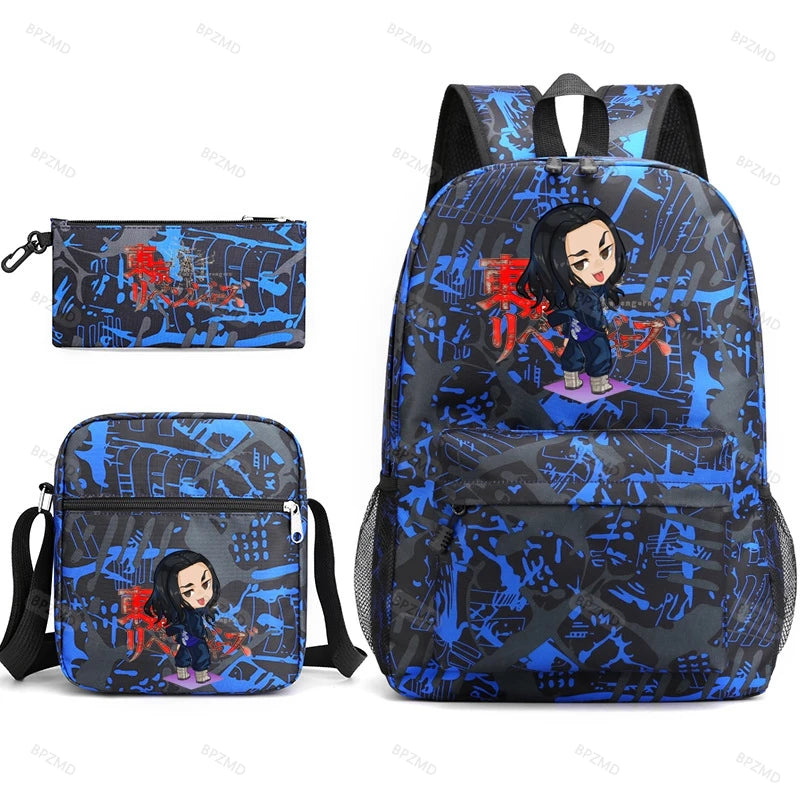 3Pcs Tokyo Revengers Backpack School Student Pencil Case Boys Girls Rucksac