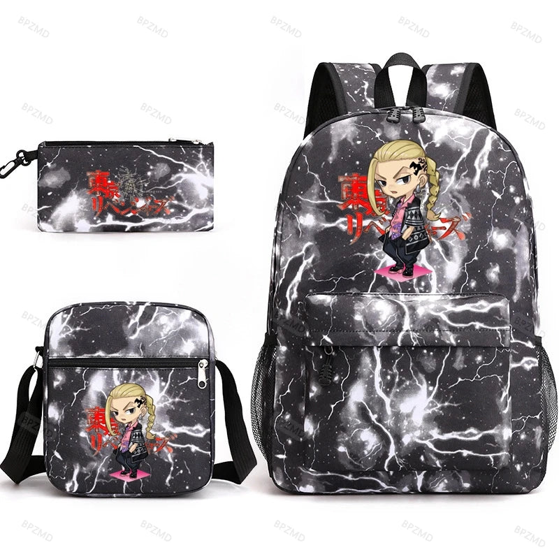 3Pcs Tokyo Revengers Backpack School Student Pencil Case Boys Girls Rucksac