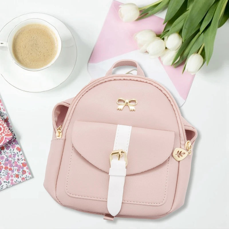 Small Leather Backpack with Bow, Ladies Wallet