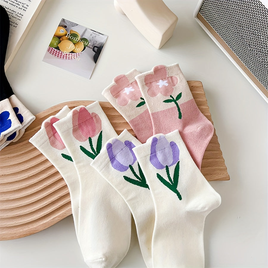 5 Pairs Floral Print Socks Comfy & Breathable Women's Mid Tube Stockings