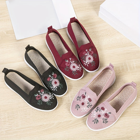 Women's Floral Embroidered Slip On Shoes Breathable Knitted Flats