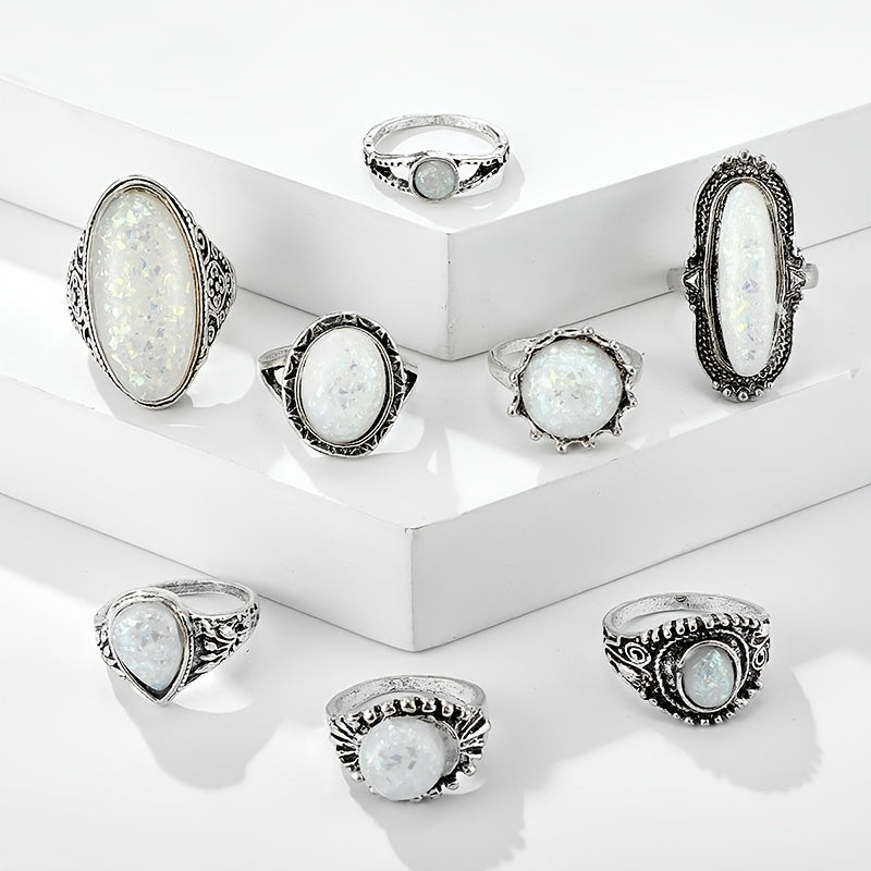 Vintage Opal Gemstone Stackable Knuckle Rings 8pcs Set