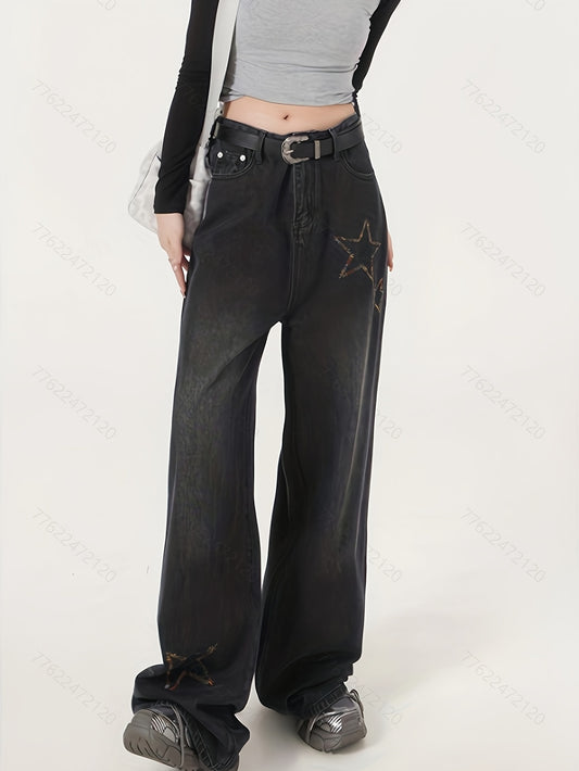 Star Embroidery Straight Jeans Loose Fit High Waist Denim Pants Women's Jeans