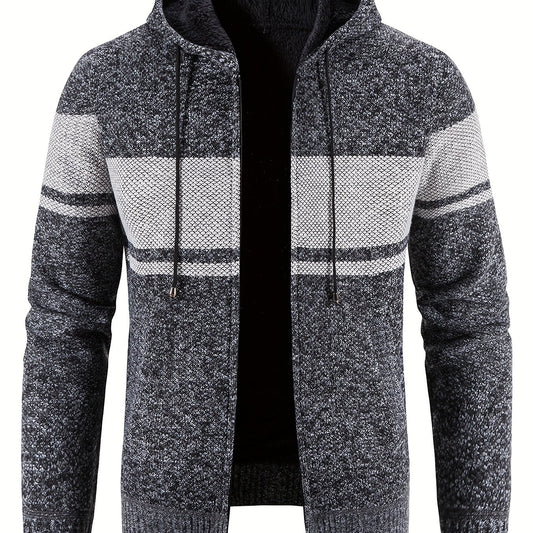Knitted Block Hooded Sherpa Lined Cardigan Casual Zip Up Jacket