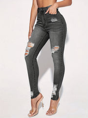 High Rise Ripped Skinny Jeans Distressed Washed Slash Pocket