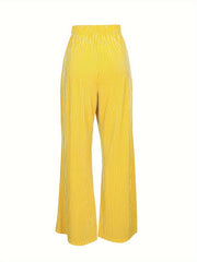  Solid Velvet Ribbed Drawstring Elastic Wide Leg Trousers