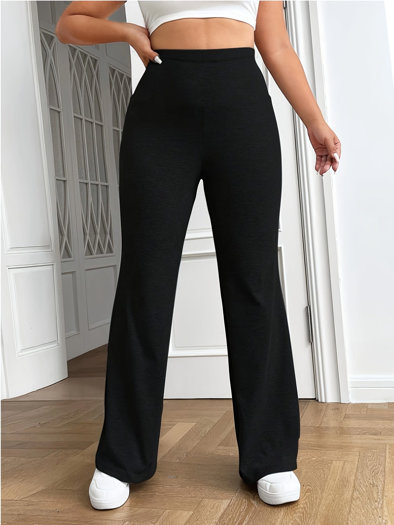  Solid Elastic High Rise Casual Pants