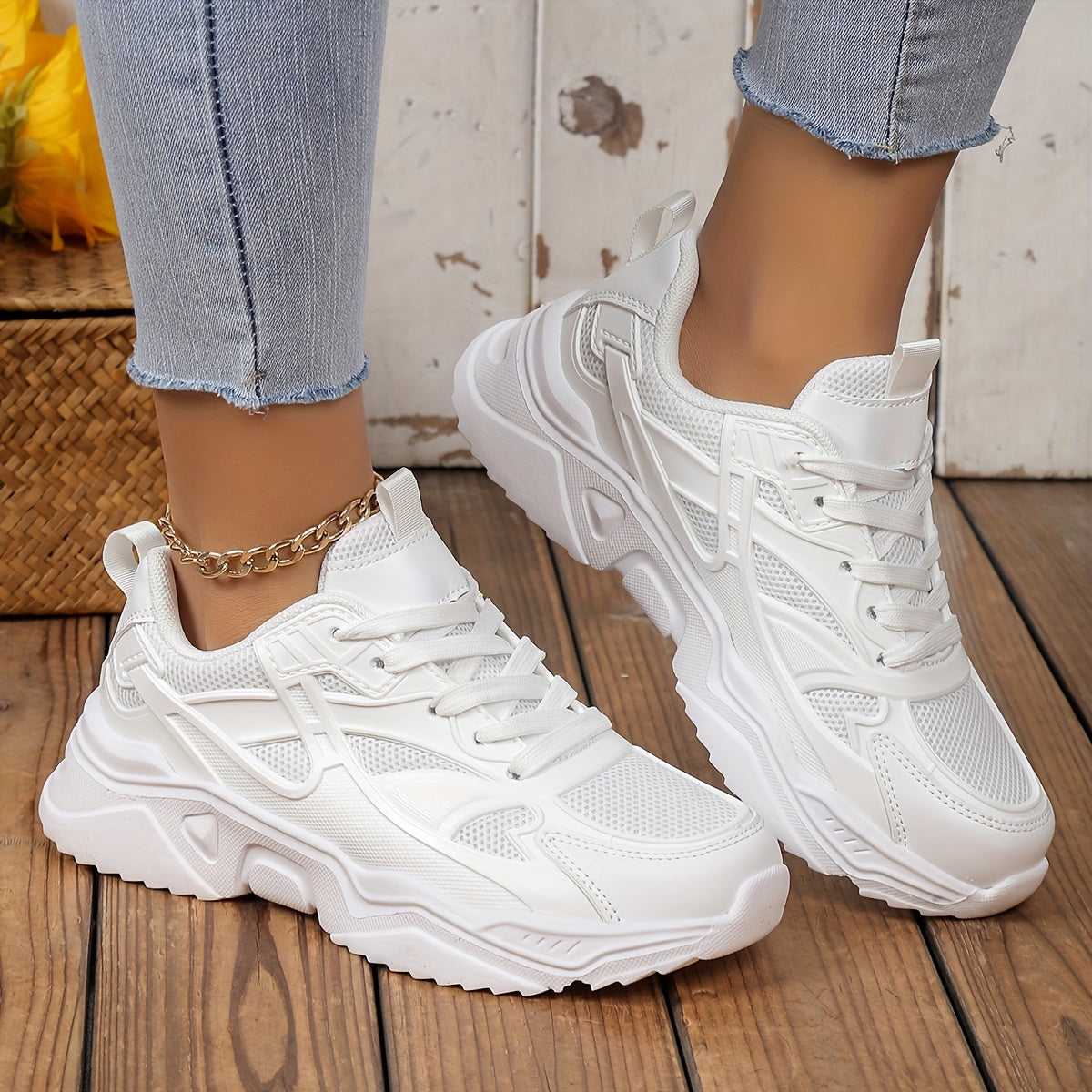 Solid Chunky Sneakers Heighten Lightweight Flying Woven Shoes