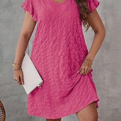  Casual Dress Women's Plus Solid Crinkle Cap Sleeve V Neck Dress