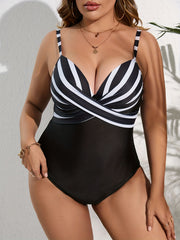 Retro Swimsuit Women's Plus Striped Deep V Neck One Piece Swimsuit