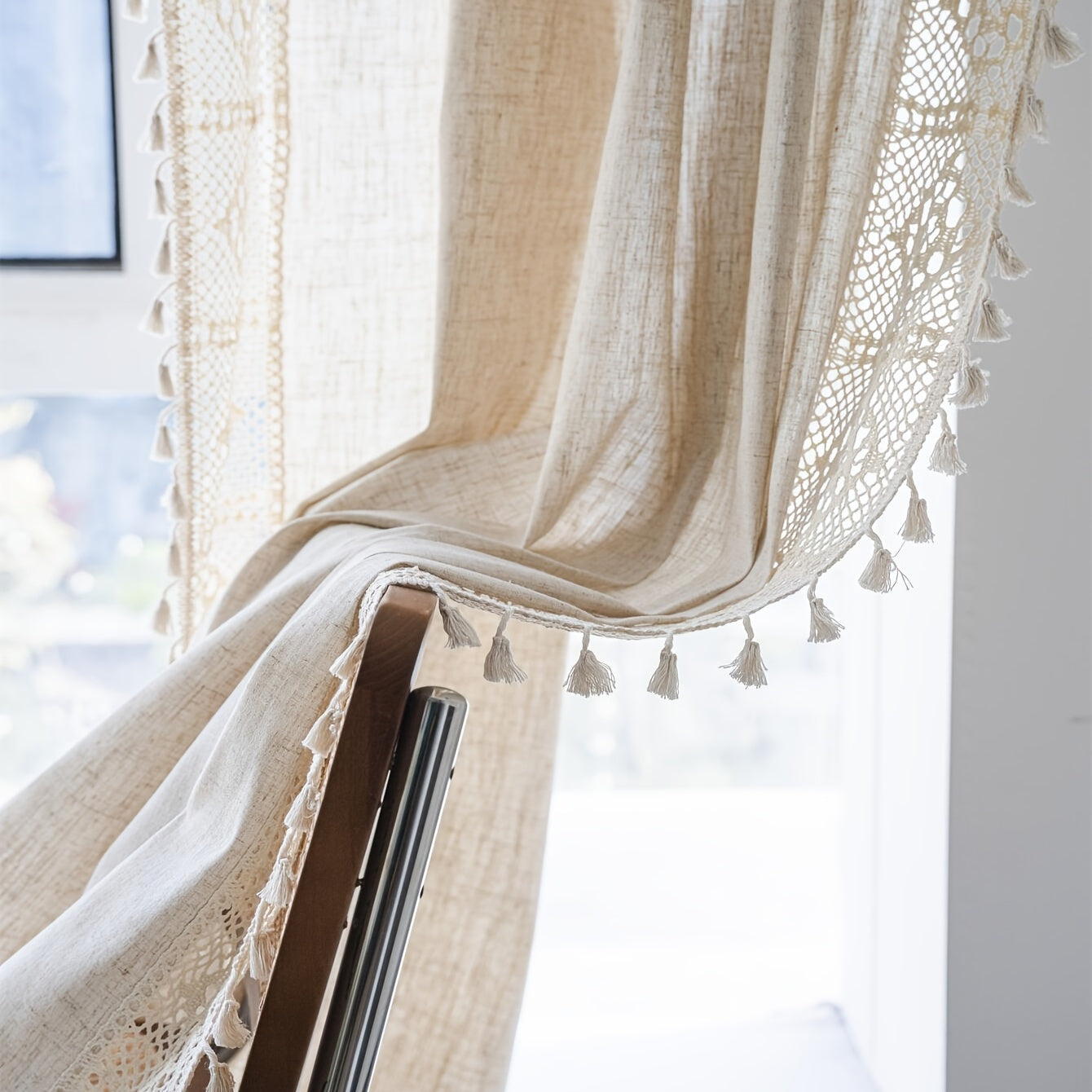 Boho Pure Linen Crochet Semi Blackout Curtain American Farmhouse Style
