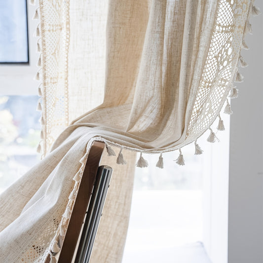 Boho Pure Linen Crochet Semi Blackout Curtain American Farmhouse Style
